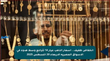 انخفاض طفيف.. أسعار الذهب عيار 14 تتراجع وسط هدوء في الأسواق المصرية الأربعاء 20 أغسطس 2025